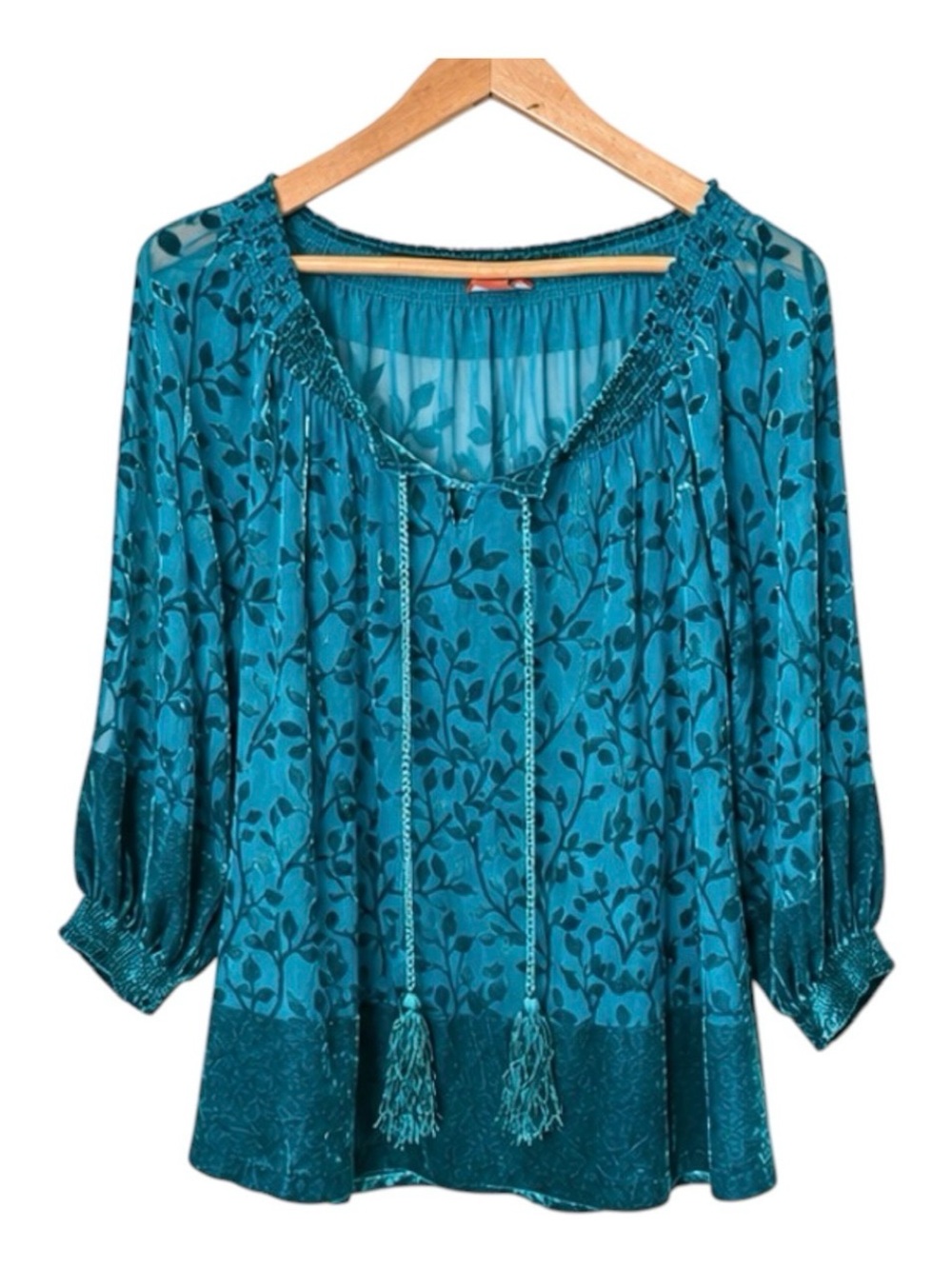 Sundance Velvet Floral Burnout Tunic Top Tassel Tie Size Large Silk Blend